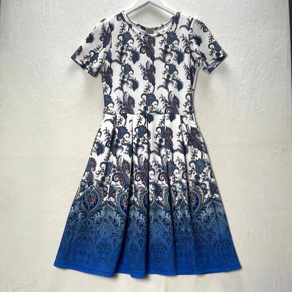 LuLaRoe Amelia Fit & Flare Stretch Dress Blue Ombre Floral Paisley Pockets Large - Picture 2 of 11